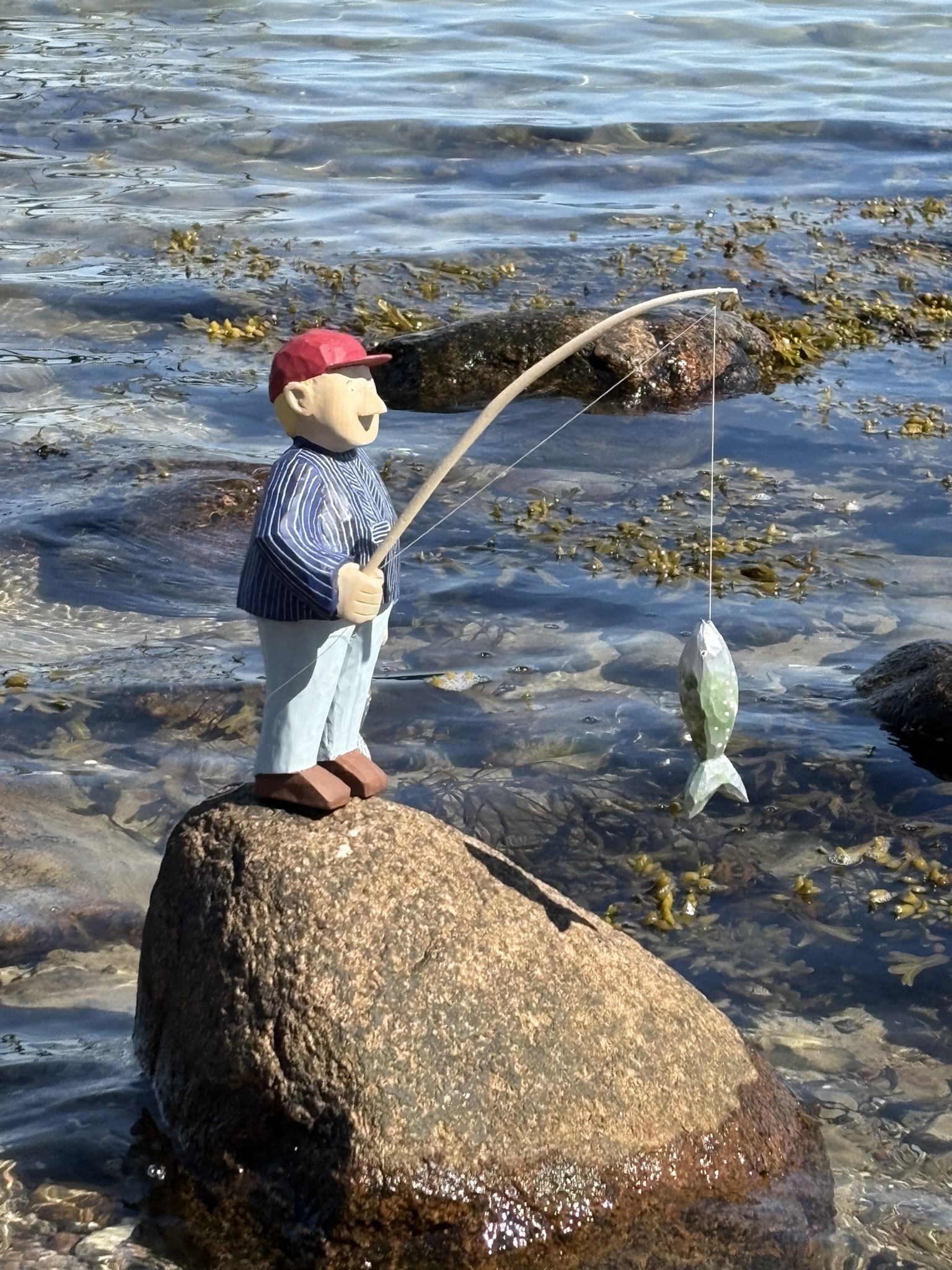 Angler auf einem Stein mit einem Fisch an der Angel